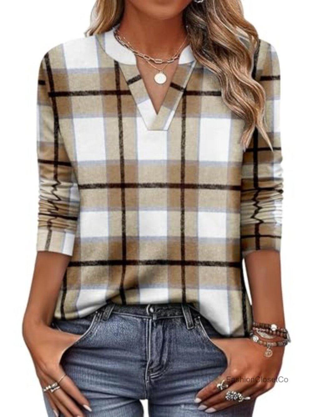 Women V Neck Long Sleeve Plaid Blouse Loose Fit Casual Work Top